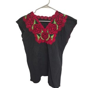 Vintage Mexican Embroidered Rose Floral Sleeveless Top‎ Blouse Summer Casual